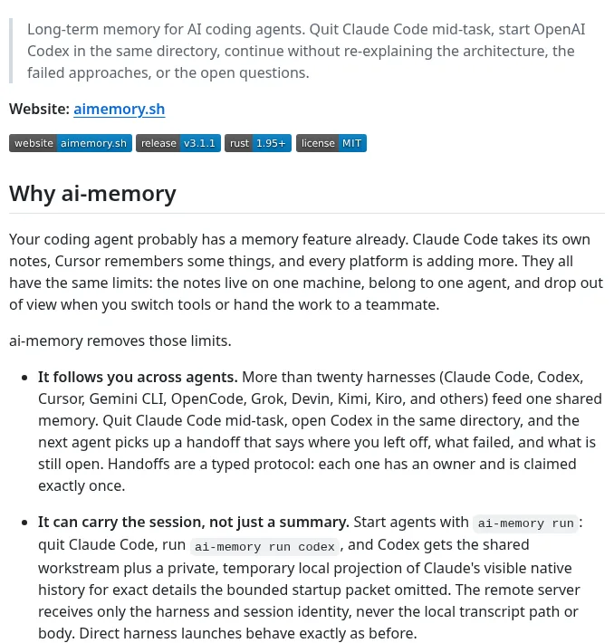 Screenshot of the ai-memory README: Why ai-memory