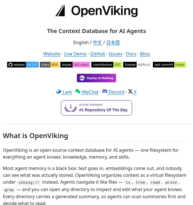 Screenshot of the OpenViking README: The Context Database for AI Agents