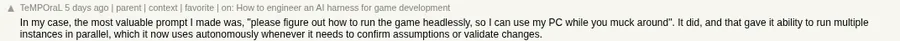 Screenshot of TeMPOraL's HN comment about running the game headlessly