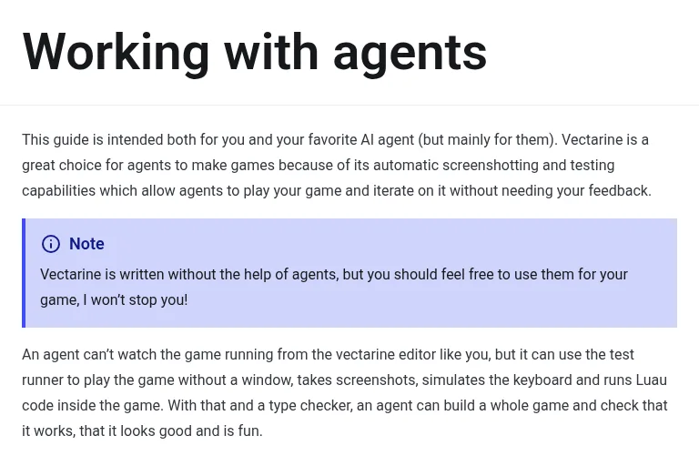 Screenshot of Vectarine's Working with agents guide