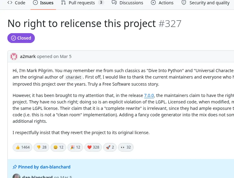 chardet issue #327「No right to relicense this project」截图