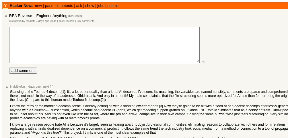 Hacker News 上「REA Reverse – Engineer Anything」讨论帖截图