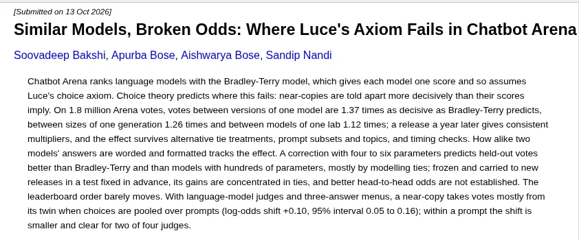 Screenshot of the arXiv abstract page for 2610.19095: Similar Models, Broken Odds: Where Luce's Axiom Fails in Chatbot Arena