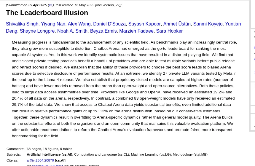 Screenshot of the arXiv abstract page for 2504.20879: The Leaderboard Illusion