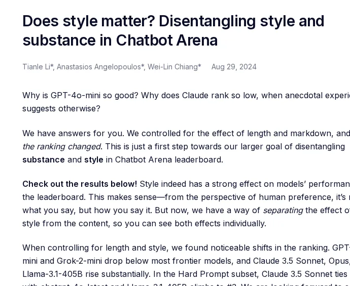 Screenshot of the LMSYS blog post: Does style matter? Disentangling style and substance in Chatbot Arena