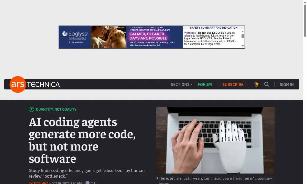 Screenshot of the Ars Technica article: AI coding agents generate more code, but not more software
