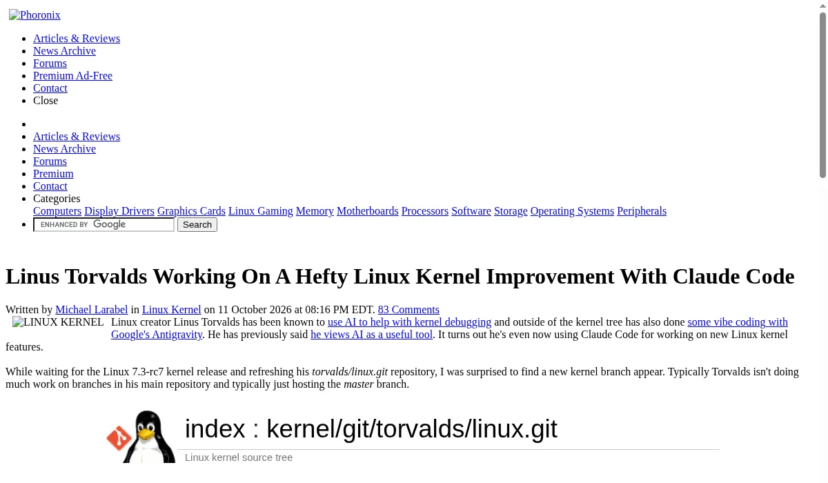 Screenshot of the Phoronix report on Linus Torvalds using Claude Code