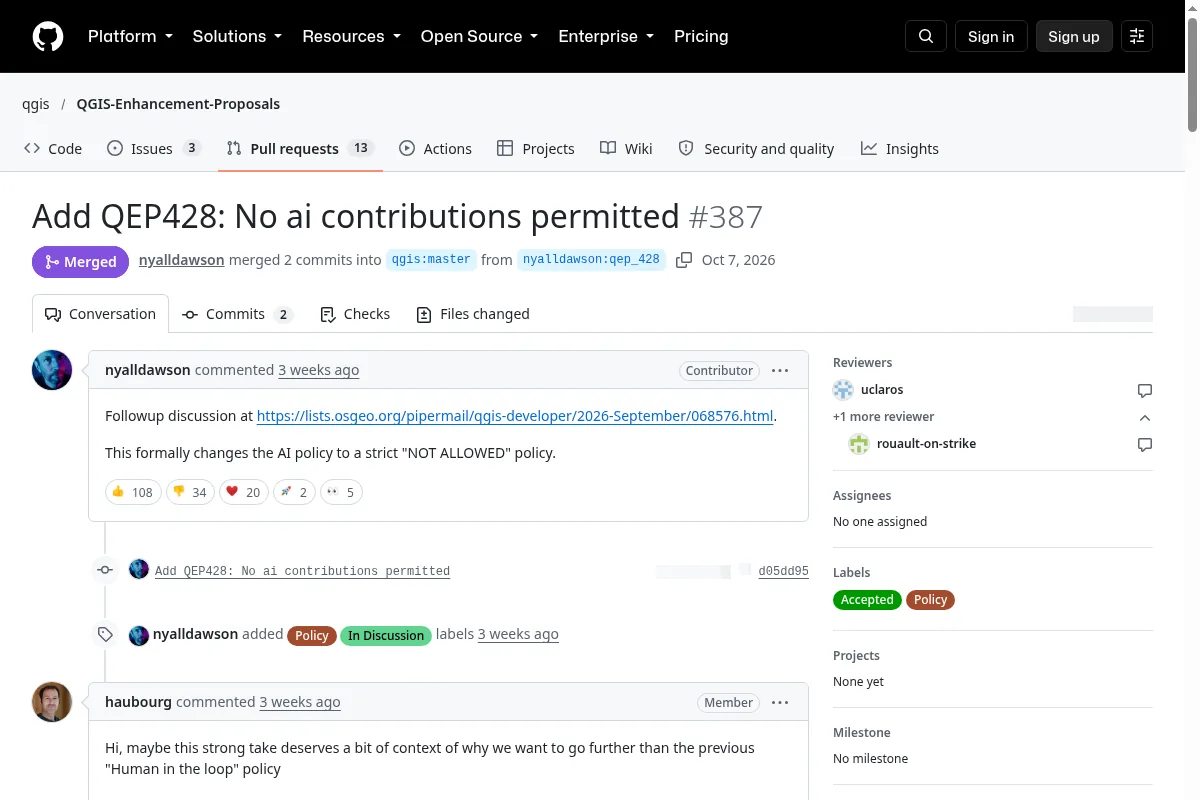 Screenshot of QGIS QEP428 PR: No ai contributions permitted