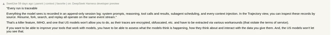 Hacker News comment screenshot: SwellJoe calls the append-only session log a killer feature
