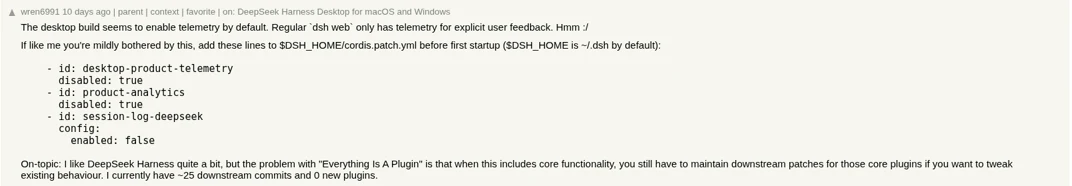 Hacker News comment screenshot: wren6991 on Desktop telemetry defaults and about 25 downstream commits