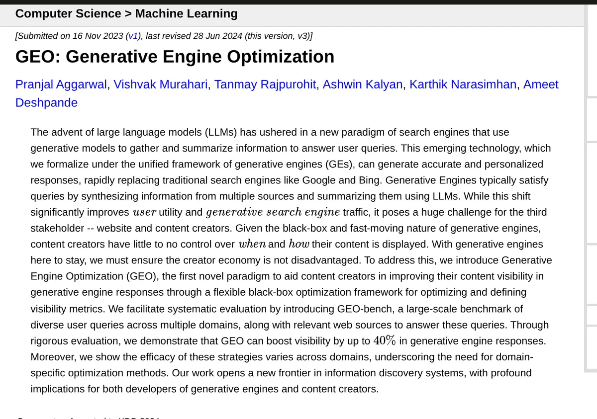 Screenshot of the GEO paper's arXiv abstract page