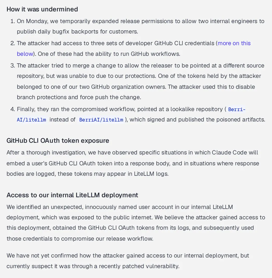 LiteLLM 官方事件说明截图:How it was undermined、GitHub CLI OAuth token exposure 与 Access to our internal LiteLLM deployment 三节