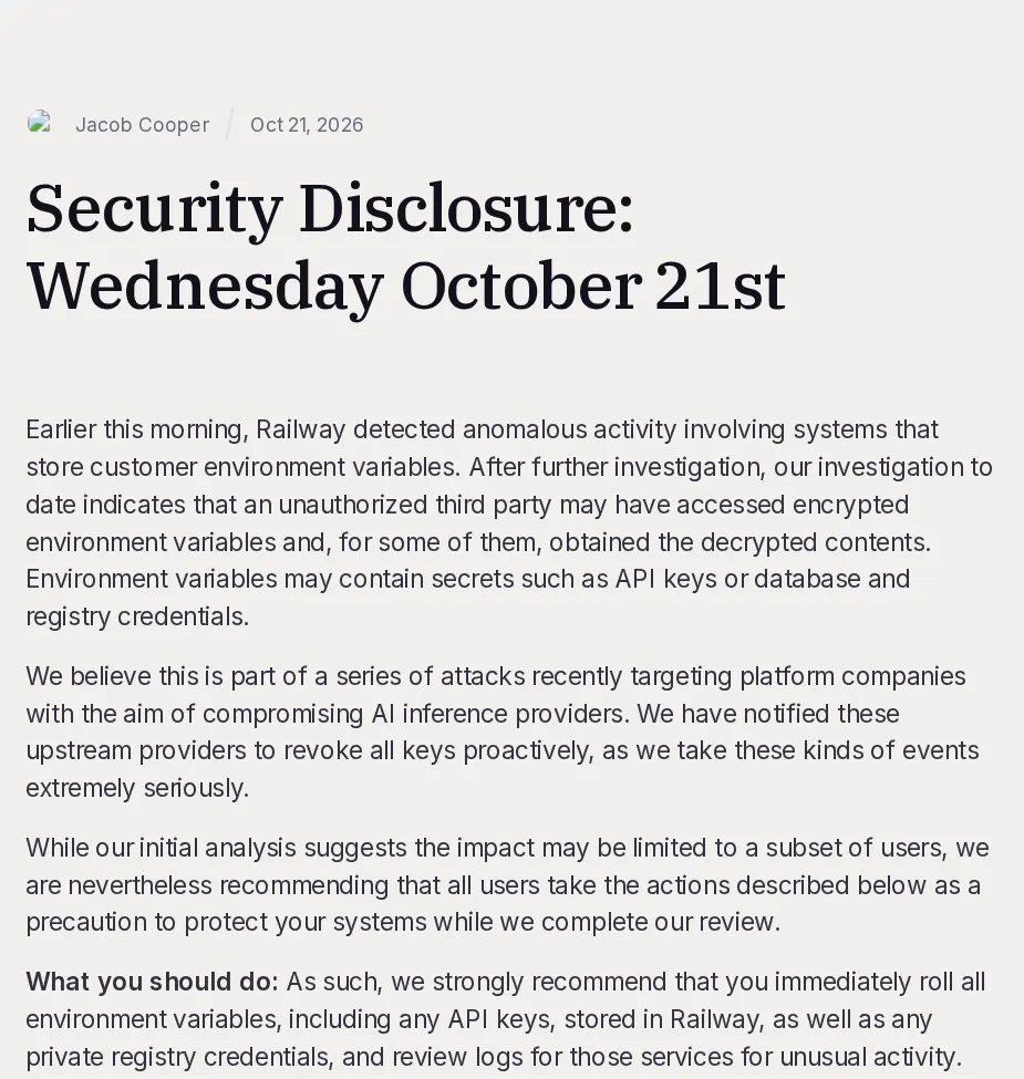 Railway 博客截图:Security Disclosure: Wednesday October 21st