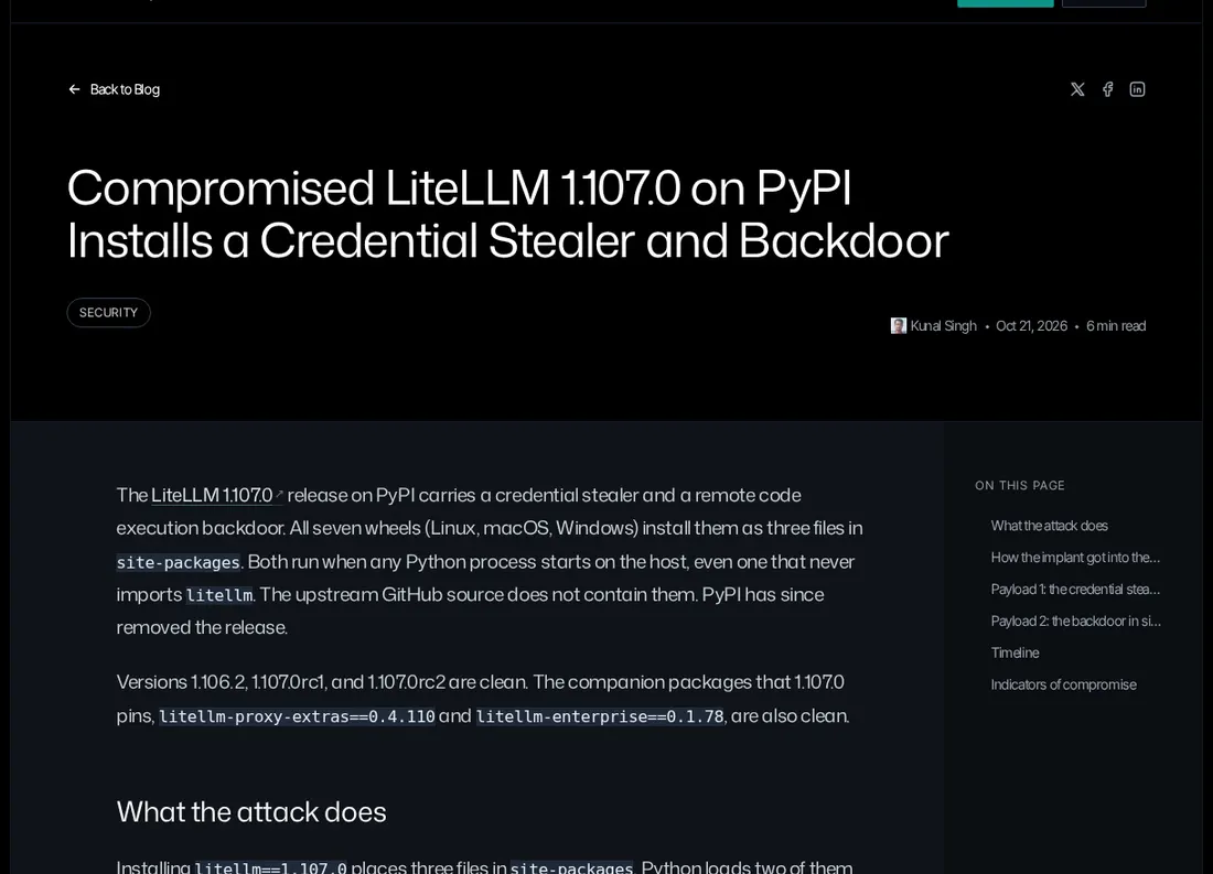 SafeDep 文章截图:Compromised LiteLLM 1.107.0 on PyPI Installs a Credential Stealer and Backdoor