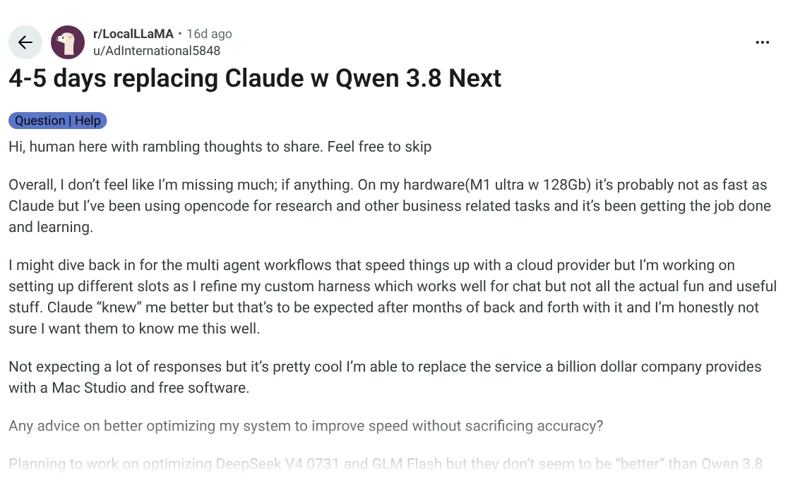 r/LocalLLaMA post screenshot: 4-5 days replacing Claude with Qwen 3.8 Next