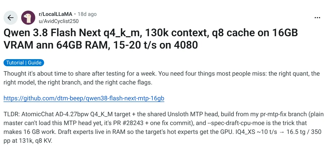 r/LocalLLaMA post screenshot: Qwen 3.8 Flash Next on a 16GB 4080 with 130K context