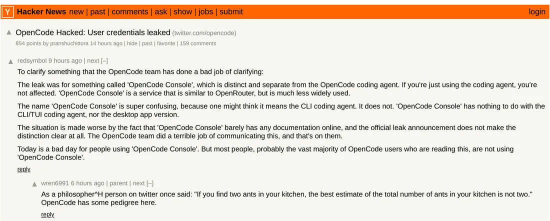Screenshot of the Hacker News thread OpenCode Hacked: User credentials leaked, with 854 points and 159 comments and a top comment explaining that OpenCode Console differs from the CLI