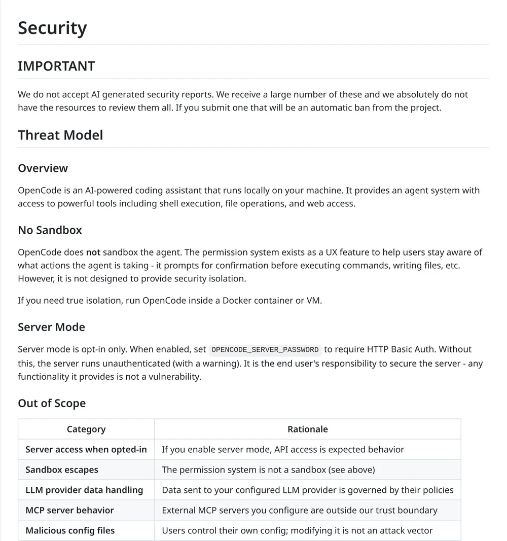 Screenshot of OpenCode's SECURITY.md: the No Sandbox section says the permission system is not security isolation, and the Out of Scope table lists MCP server behavior outside the trust boundary