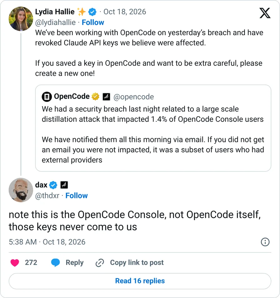 Screenshot of posts on X: Lydia Hallie says Anthropic revoked Claude API keys believed affected; dax replies that this is OpenCode Console, not OpenCode itself