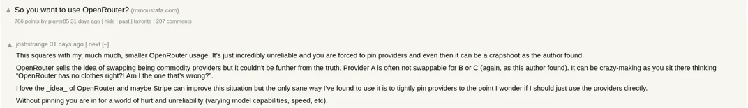 Hacker News screenshot: the So you want to use OpenRouter? thread and its top comment