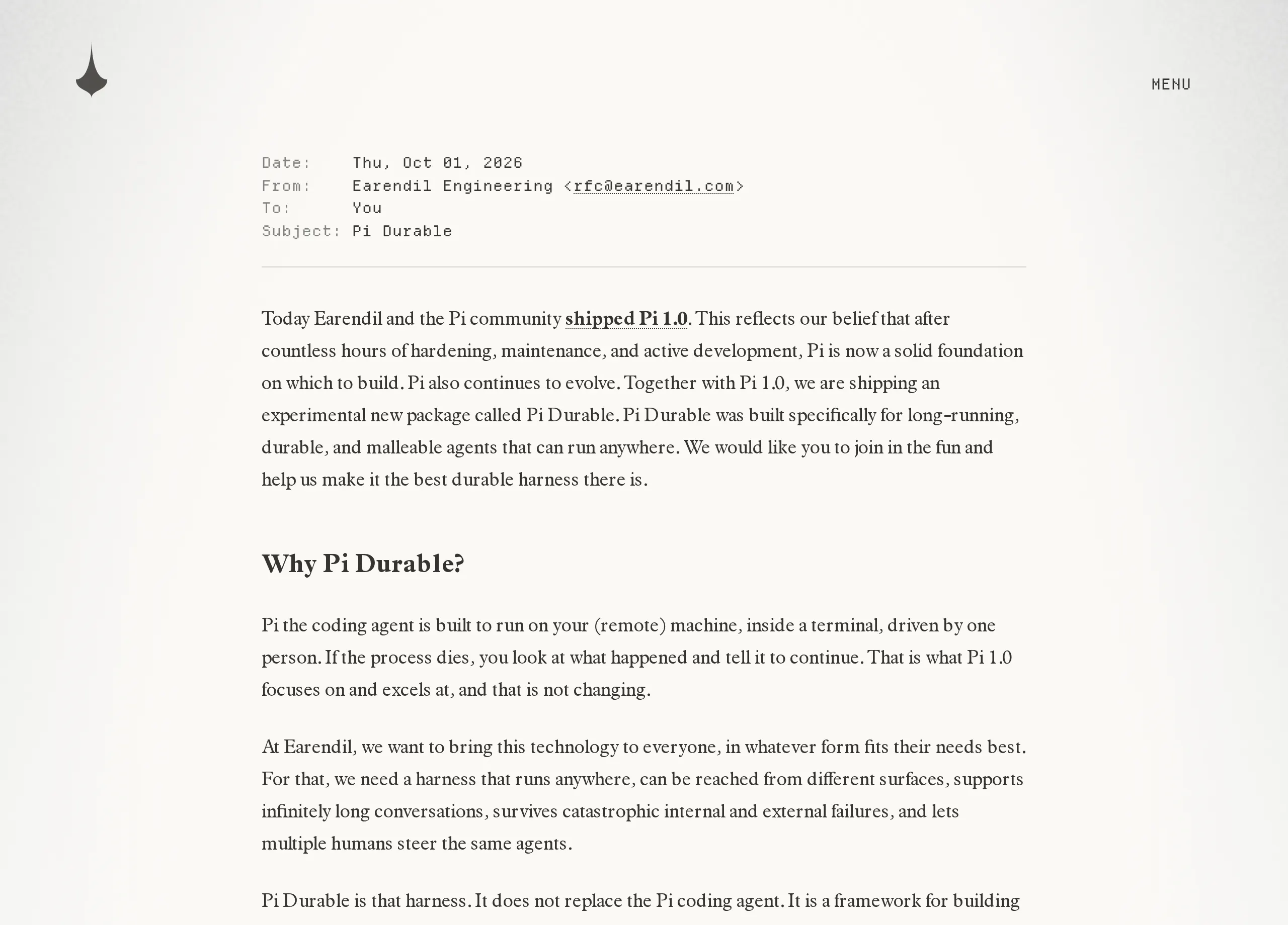 Screenshot of Earendil’s Pi Durable announcement
