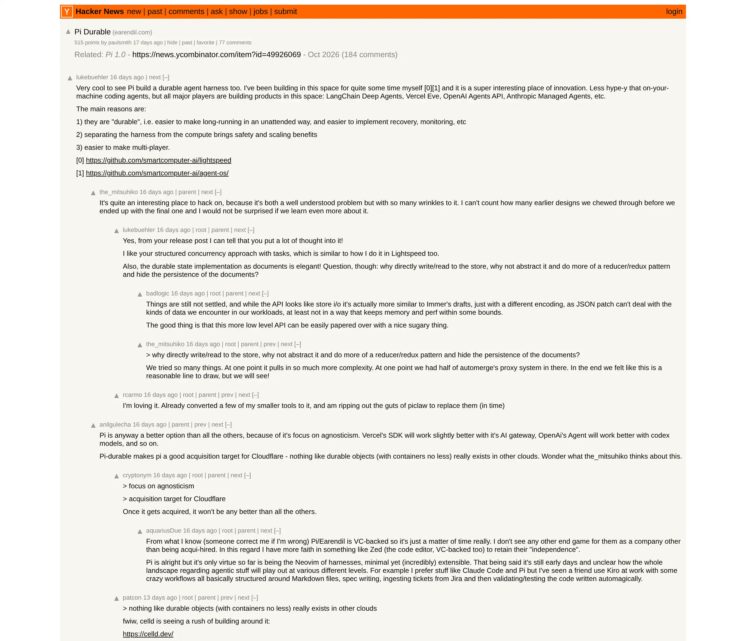 Screenshot of the Hacker News thread on Pi Durable