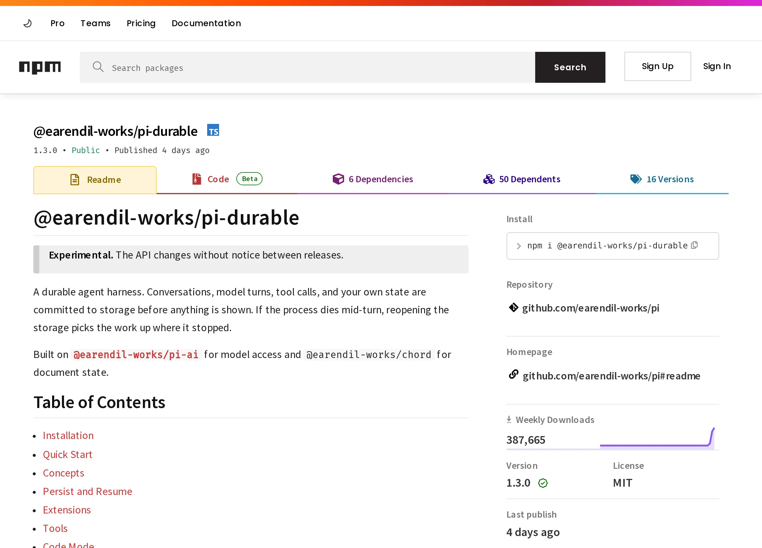 Screenshot of the npm page for @earendil-works/pi-durable