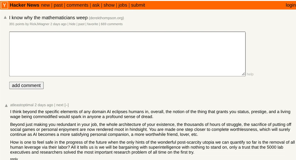 Hacker News 讨论帖截图:I know why the mathematicians weep,391 分、669 条评论